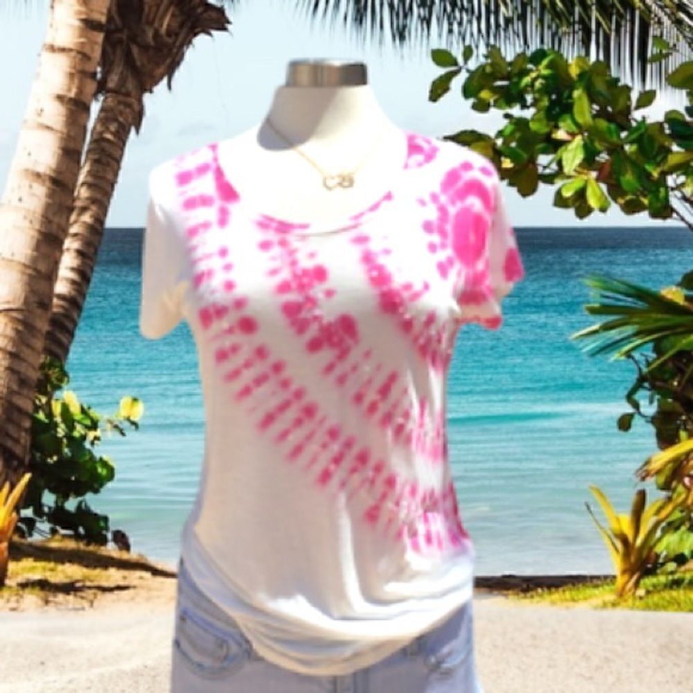 INC TIE DYE WOMEN T-SHIRT TOP SHORT SLEEVES SIZE MEDIUM WHITE PINK - Picture 6 of 6